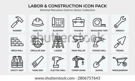 This labor and construction icon pack features a minimal monoline outline vector collection. With clean, modern line style, these web graphic or print ready elements showcase essential tools and equipment for construction and labor related projects.