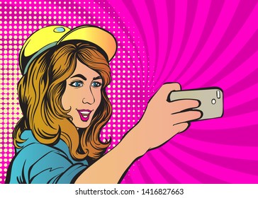 This lady Is recording herself with the camera phone. vector illustration comic
