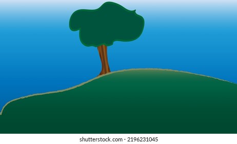 This is a landscape with huge tree on the green hump on the light-blue background