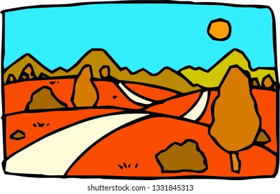 This is the landscape an illustration of the hills and fields of Japan