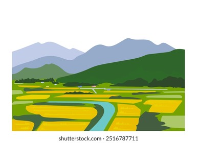 Esta é uma ilustração paisagística do local rural japonês com campos de arroz e rio