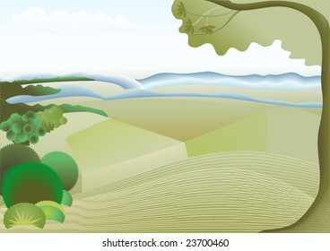 This is a landscape in northern Europe with hills and a grove
