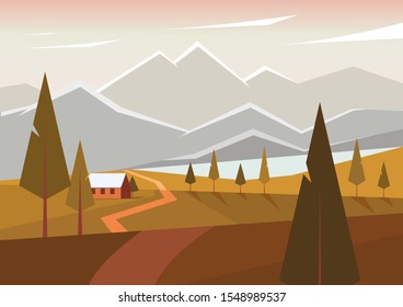 This is a landscape with triangular trees, mountains and a house.