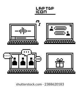 this is laptop icon 1 bit style in pixel art with black color and white background ,this item good for presentations,stickers, icons, t shirt design,game asset,logo and your project
