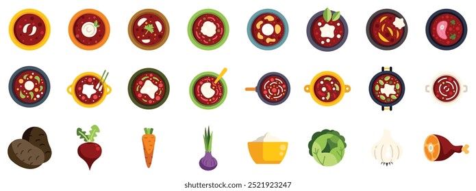 This is a large set of borscht icons, showing different variations and ingredients of the soup