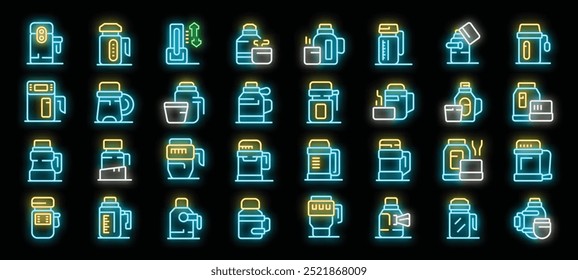 This is a large set of bright neon thermos icons featuring different types of vacuum flasks for hot and cold drinks