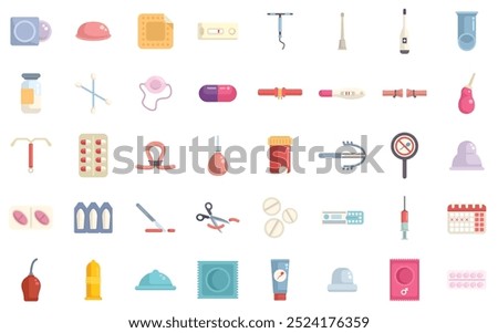 This is a large set of colorful icons depicting various methods of contraception and birth control for family planning