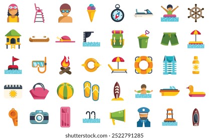 This is a large set of colorful summer and travel icons representing summer activities and beach vacation