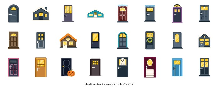This large set of door icons includes many different styles and colors suitable for houses and buildings
