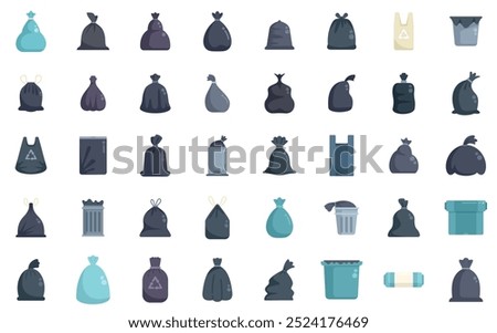 This is a large set of garbage bags and trash bins being full of trash icons set