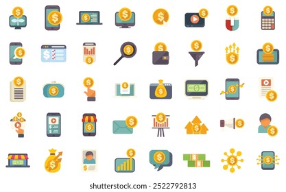 This is a large set of money making icons, all featuring common business motifs