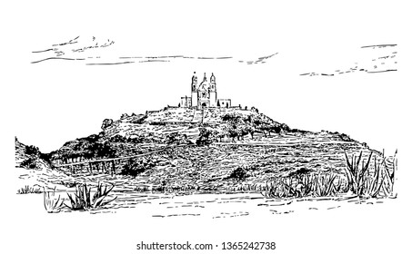  This is largest archaeological pyramid site having church along with it. It is a sacred city and major commericial center vintage line drawing.