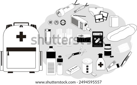 This is the last of the emergency bag and its contents.The Japanese words depicted mean: emergency food, yokan, for preservation, medicine book, and medical certificate.