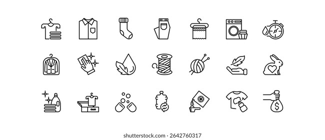 This laundry icon set features 21 editable stroke . It includes clothes, washing machines, cleaning tools, natural fabrics. Ideal for laundry services, and sustainable washing product packaging.	

