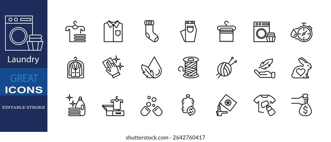 This laundry icon set features 21 editable stroke . It includes clothes, washing machines, cleaning tools, natural fabrics. Ideal for laundry services, and sustainable washing product packaging.	
