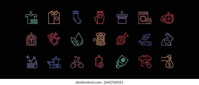 This laundry icon set features 21 editable stroke . It includes clothes, washing machines, cleaning tools, natural fabrics. Ideal for laundry services, and sustainable washing product packaging.	
