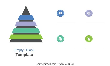 Dies ist eine geschichtete Pyramidendiagramm-Infografik-Vorlage neben Marketing-, Finanz- und Zielsymbolen für Geschäftspräsentationen und -layouts, die alle auf weißem Hintergrund eingestellt sind.