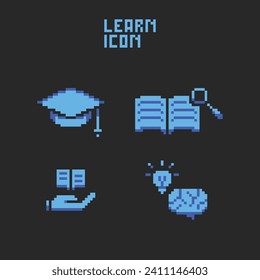 this learn icon in pixel art with simple color and black background ,this item good for presentations,stickers, icons, t shirt design,game asset,logo and your project.