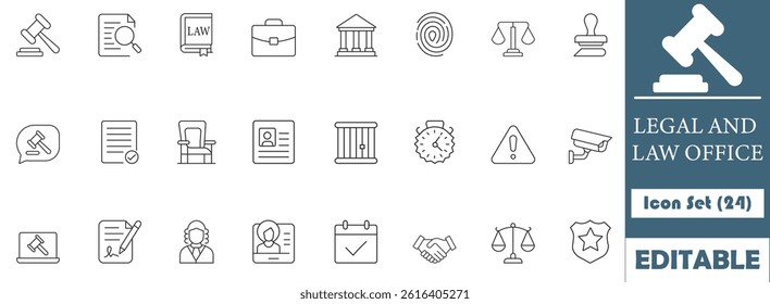 This legal and law office icon set features 24 modern icons representing lawyers, courts, justice, contracts, and legal services, ideal for web design, branding, and legal professionals.