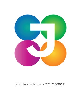 este es un diseño de logotipo de letra de J inicial en una forma redonda de cuatro círculos en diferentes colores que se ve bien sobre un fondo blanco
