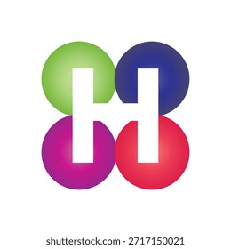 Este es un diseño de logotipo de letra de H inicial en una forma redonda de cuatro círculos en diferentes colores que se ve bien sobre un fondo blanco