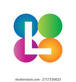 this is a letter logo design of initial L on a four circle round shape in different colors that looks good on a white background
