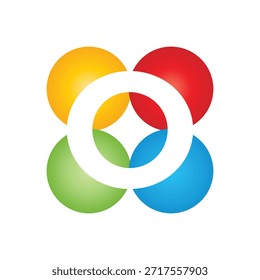 este es un diseño de logotipo de letra de O inicial en una forma redonda de cuatro círculos en diferentes colores que se ve bien sobre un fondo blanco
