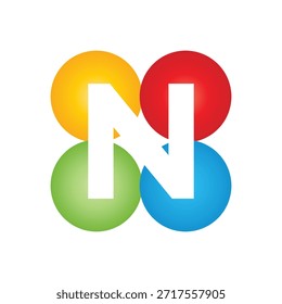 este es un diseño de logotipo de letra de N inicial en una forma redonda de cuatro círculos en diferentes colores que se ve bien sobre un fondo blanco