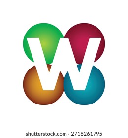 este es un diseño de logotipo de letra de W inicial en una forma redonda de cuatro círculos en diferentes colores que se ve bien sobre un fondo blanco
