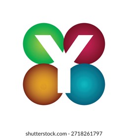 este es un diseño de logotipo de letra de Y inicial en una forma redonda de cuatro círculos en diferentes colores que se ve bien sobre un fondo blanco