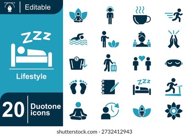 Dieses Lifestyle-Icon-Set visualisiert moderne Gewohnheiten, Entspannung, Fitness, Reisen und Achtsamkeit durch einfache Formen, die mit subtilem Zweifarbenkontrast für eine klare, freundliche visuelle Kommunikation erweitert werden.