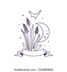 This is a line art collage with flowers and the moon. The magic logo, zodiac tattoo, hand-drawn doodle design is a vector illustration