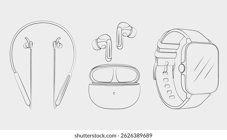 This is a line art drawing of modern tech gadgets, including wireless earbuds, neckband earphones, and a smartwatch. It is perfect for digital product design and e-commerce visuals.