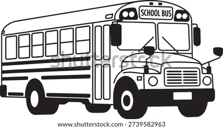 This is a line art drawing of a typical American school bus. The bus is depicted from a three-quarter front angle, showcasing its large size and distinctive yellow color (though rendered in black and white). Key features visible include the windshield, side windows with horizontal bars, the passenger door, and the 'SCHOOL BUS' signage above the windshield. The wheels and mirrors are also clearly illustrated. The overall style is a simple, clean illustration suitable for educational or informational purposes.