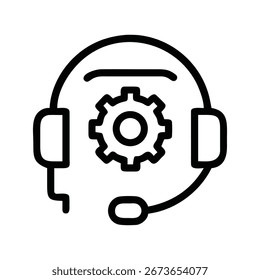 Este icono de arte lineal presenta un auricular con un micrófono y un símbolo de engranaje central, lo que significa una conexión entre la tecnología de comunicación y la eficiencia operativa.