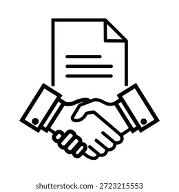 Este ícono de arte lineal representa visualmente un apretón de manos sobre un documento, lo que significa un Acuerdo comercial, una sociedad o un contrato.