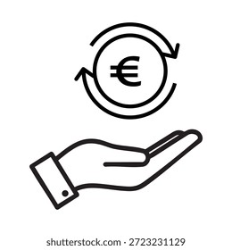 Este icono de arte lineal representa visualmente el intercambio financiero, con una mano que sostiene una moneda de euro y una flecha circular que indica el movimiento o la transacción.