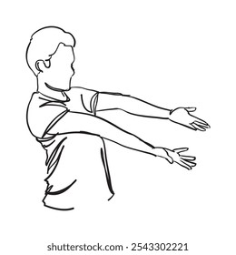 This line art illustration captures a man with an expressive open gestures, conveying a sense of surprise or eagerness to show something and simple yet dynamic lines.
