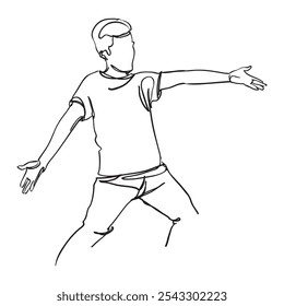 This line art illustration captures a man with an expressive open gestures, conveying a sense of surprise or eagerness to show something and simple yet dynamic lines.