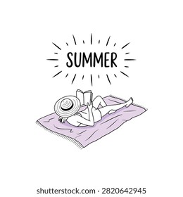 This is a line art illustration depicting a person reading on a beach mat under sunshine with a straw hat.
