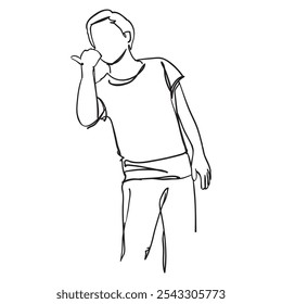 Esta ilustración de arte lineal muestra a un hombre haciendo un gesto a la derecha con el pulgar, sugiriendo que está resaltando o señalando algo de diseño conceptual 