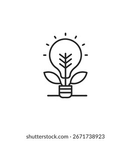 This line art illustration features a lightbulb with a plant growing inside, symbolizing eco-friendly energy, innovation, and sustainable growth. Clean, modern design. 