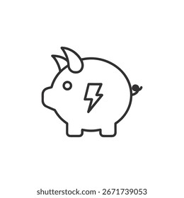 This line art illustration features a piggy bank with a lightning bolt, symbolizing energy saving, financial investment, and economic growth. Clean, modern design.