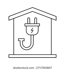 Esta ilustración de arte lineal presenta un contorno simple de una casa con un icono de enchufe eléctrico en el interior. 