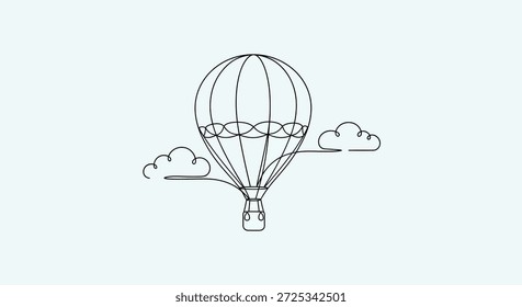 This line art illustration features a hot air balloon floating among fluffy clouds in a minimalist style. The simple yet elegant design evokes a sense of adventure, travel, and the freedom of