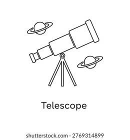 This line art illustration features a telescope on a tripod, flanked by two ringed planets, symbolizing astronomical observation. It represents space exploration, scientific discovery, and the wonders of the universe. Perfect for educational materials, astronomy clubs, or scientific publications.