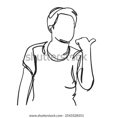 This line art illustration features a man gesturing to the left with his thumb, suggesting he is highlighting or pointing something out concept design 