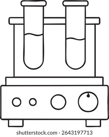 This is a line art illustration of a laboratory test tube shaker with two test tubes containing liquid samples.