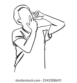 
This line art illustration shows a man in a thoughtful pose, with his hand resting on his chin. The simple lines capture a moment of contemplation, highlighting curiosity and introspection.