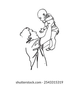 This line art illustration shows a man, likely a father, gently carrying his small child in his arms. The simple, flowing lines capture warmth and connection, emphasizing the bond father and son